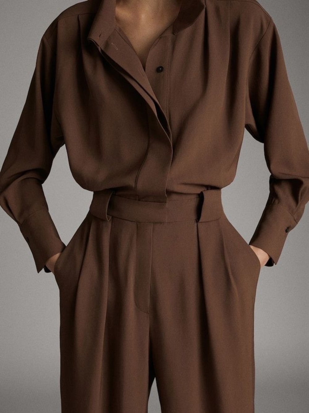 Massimo Dutti Chocolate Brown Long Sleeve Jumpsuit